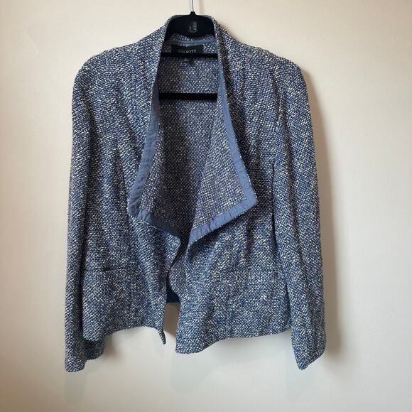 Talbots Womens Blue Tweed Cotton Blend Pockets Open Front Waterfall Blazer Large - Picture 1 of 8